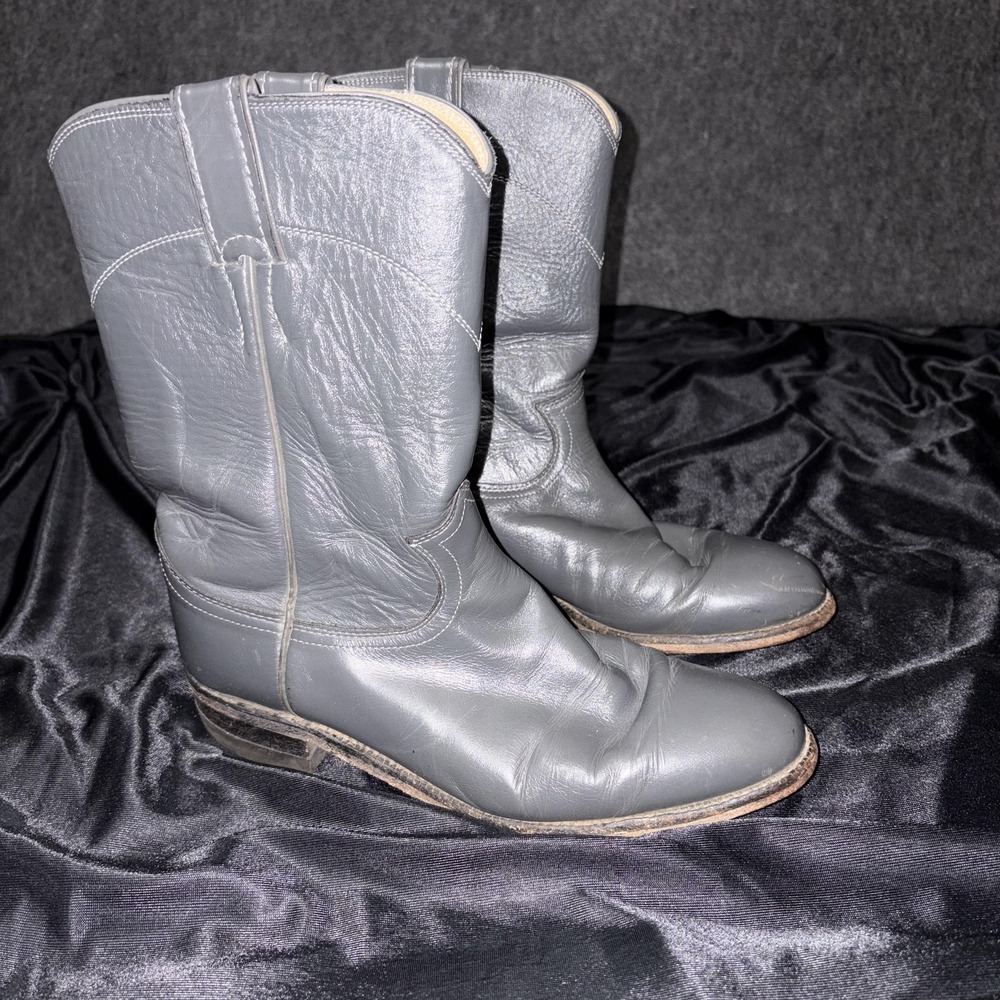 Justin L3056 Boots Mens Size 7.5 Gray Leather Western Cowboy Pull On USA